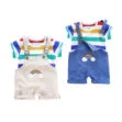 Rainbow Print Overalls & Colorful Stripe T-Shirt Short Sleeve