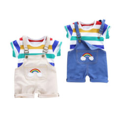 Rainbow Print Overalls & Colorful Stripe T-Shirt Short Sleeve