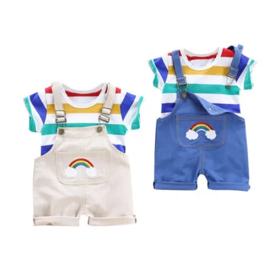 Rainbow Print Overalls & Colorful Stripe T-Shirt Short Sleeve