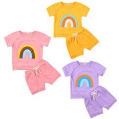 Rainbow Pattern Shirt & Elastic Shorts with Drawstring Short Sleeve