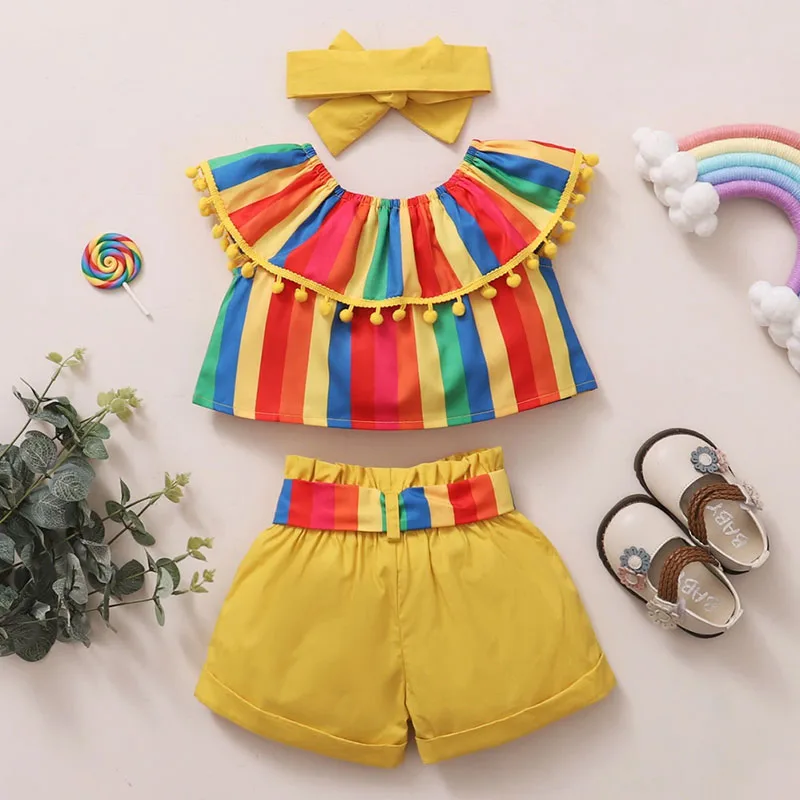 Rainbow Pattern Pom-Pom Top & Elastic Shorts with Ribbon Headband Sleeveless - Image 2