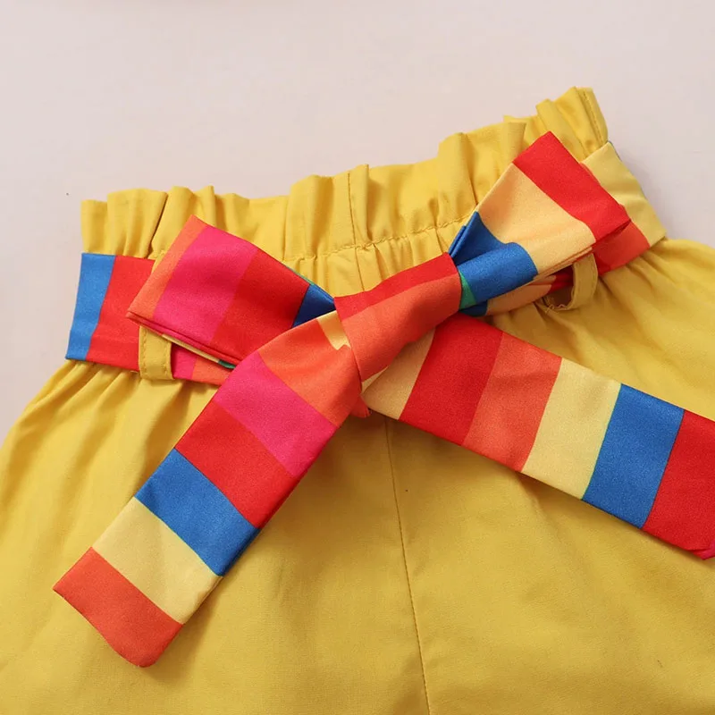 Rainbow Pattern Pom-Pom Top & Elastic Shorts with Ribbon Headband Sleeveless - Image 4