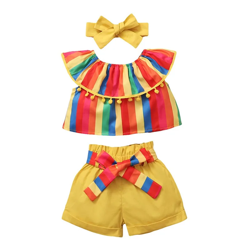 Rainbow Pattern Pom-Pom Top & Elastic Shorts with Ribbon Headband Sleeveless