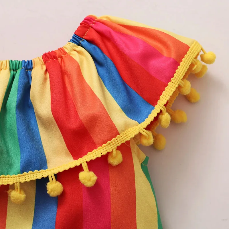 Rainbow Pattern Pom-Pom Top & Elastic Shorts with Ribbon Headband Sleeveless - Image 3