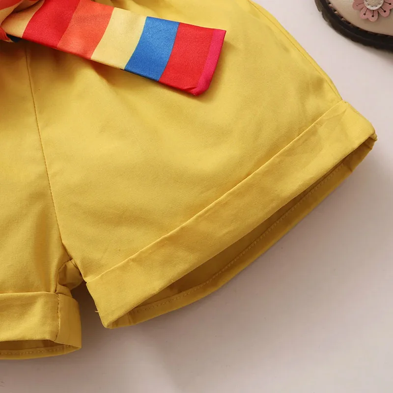 Rainbow Pattern Pom-Pom Top & Elastic Shorts with Ribbon Headband Sleeveless - Image 5