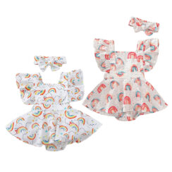 Rainbow Pattern Sundress Open Back Sleeveless with Ribbon Headband