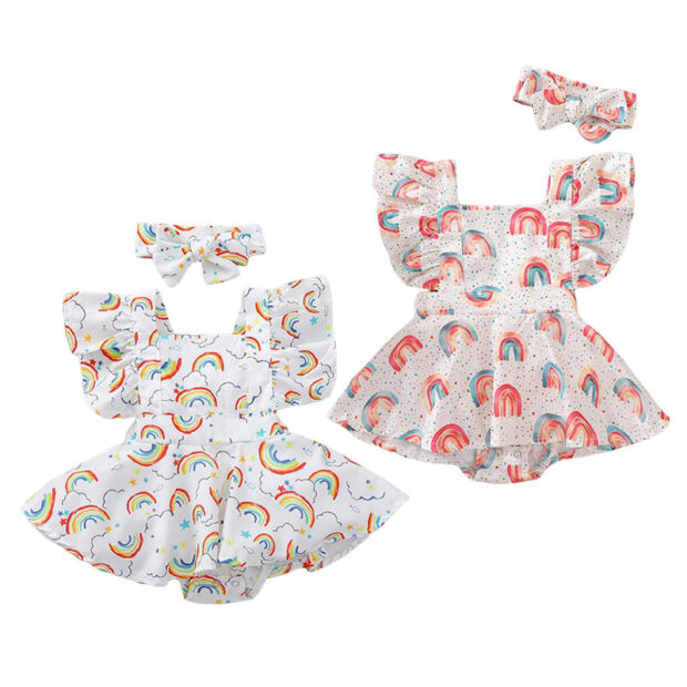 Rainbow Pattern Sundress Open Back Sleeveless with Ribbon Headband
