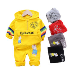 Rainbow Pattern Zipper Hoodie & Dinosaur Print Pants Long Sleeve