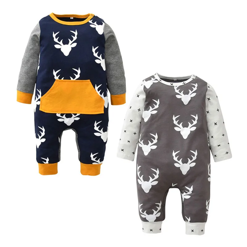Seasonal Reindeer Print Long Sleeves Jumpsuit with Pockets