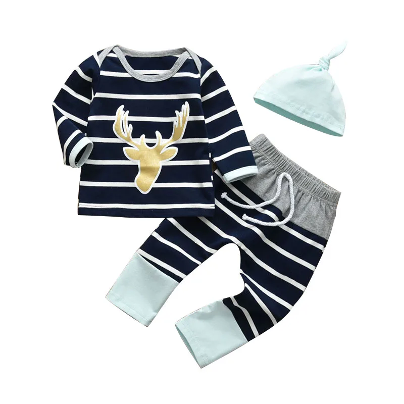 Baby Reindeer Print T-Shirt & Stripe Pants Long Sleeve with Beanie Hat