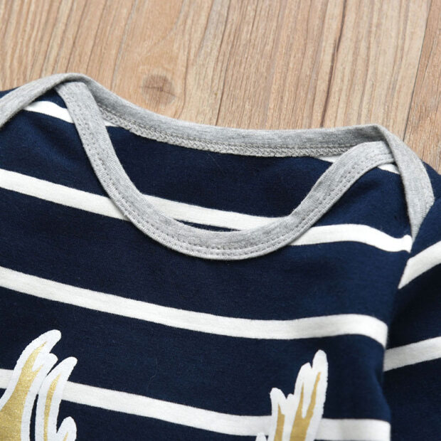 Baby Reindeer Print T-Shirt & Stripe Pants Long Sleeve with Beanie Hat - Image 3