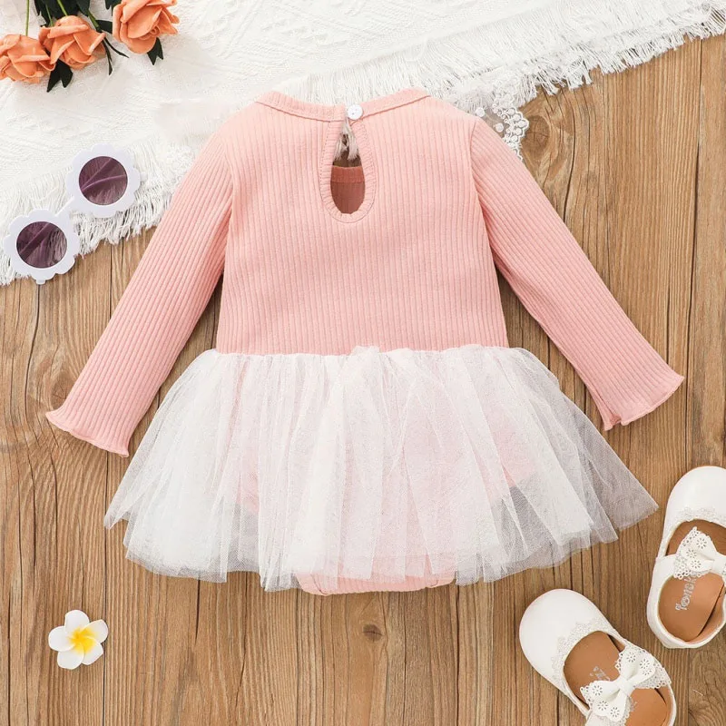 Ribbed Pattern Tulle Dress with Lace Dress One-Piece Long Sleeve - Image 2