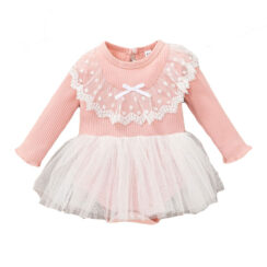 Ribbed Pattern Tulle Dress with Lace Dress One-Piece Long Sleeve