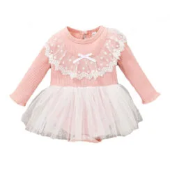 Ribbed Pattern Tulle Dress with Lace Dress One-Piece Long Sleeve