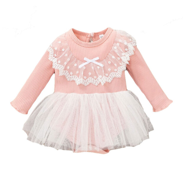 Ribbed Pattern Tulle Dress with Lace Dress One-Piece Long Sleeve