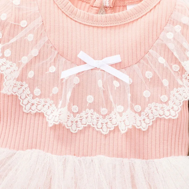 Ribbed Pattern Tulle Dress with Lace Dress One-Piece Long Sleeve - Image 3