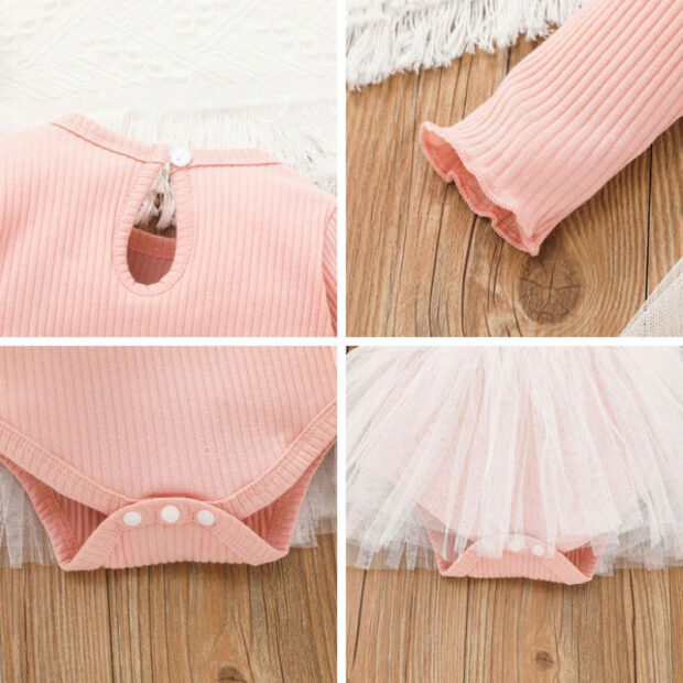 Ribbed Pattern Tulle Dress with Lace Dress One-Piece Long Sleeve - Image 4
