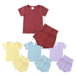 Ribbed Pattern Sleepwear Solid Color Top & High Waist Shorts Short Sleeve