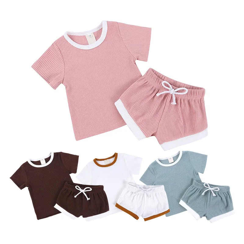 Ribbed Pattern Solid Color Top & Mini Shorts with Drawstring Short Sleeve