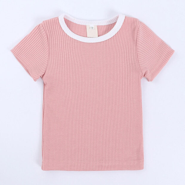 Ribbed Pattern Solid Color Top & Mini Shorts with Drawstring Short Sleeve - Image 2