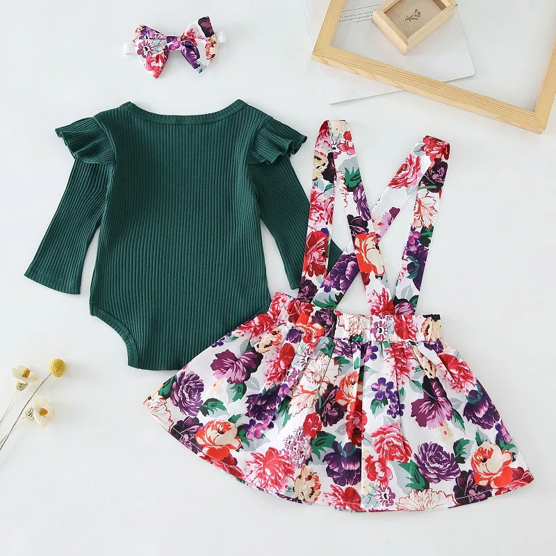 Ribbed Pattern Solid Color Onesie Long Sleeve & Rose Pattern Suspender Dress with Ribbon Headband for Girls - Image 2