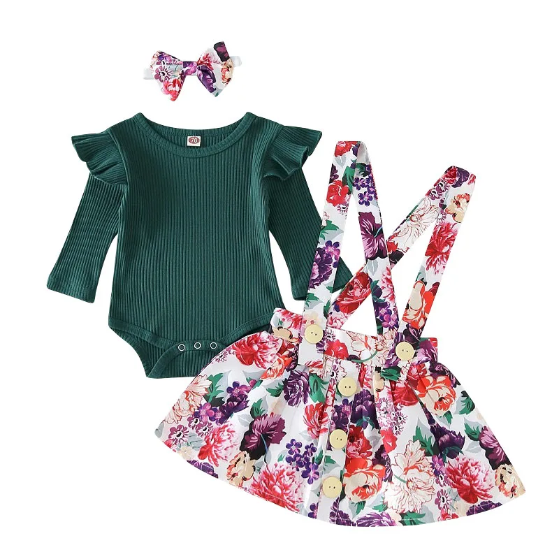 Ribbed Pattern Solid Color Onesie Long Sleeve & Rose Pattern Suspender Dress with Ribbon Headband for Girls