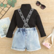 Baby Ribbed Pattern Turtleneck & Denim Shorts with Braces