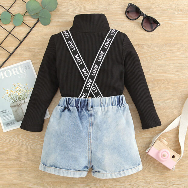 Ribbed Pattern Turtleneck & Ripped Denim Shorts with Braces - Image 2