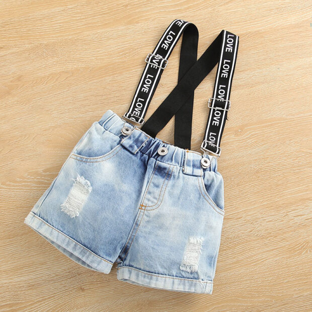 Ribbed Pattern Turtleneck & Ripped Denim Shorts with Braces - Image 4