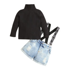 Ribbed Pattern Turtleneck & Ripped Denim Shorts with Braces