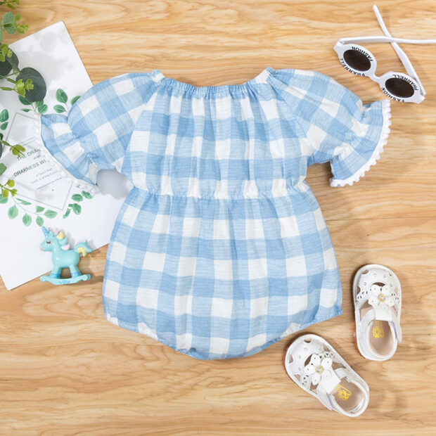 Baby Checker Pattern Romper with Ribbon