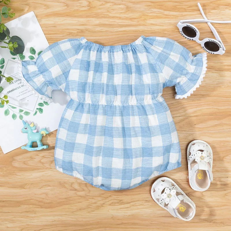 Ribbon Bow Checker Pattern Romper Short Sleeve with Pom Pom - Image 2