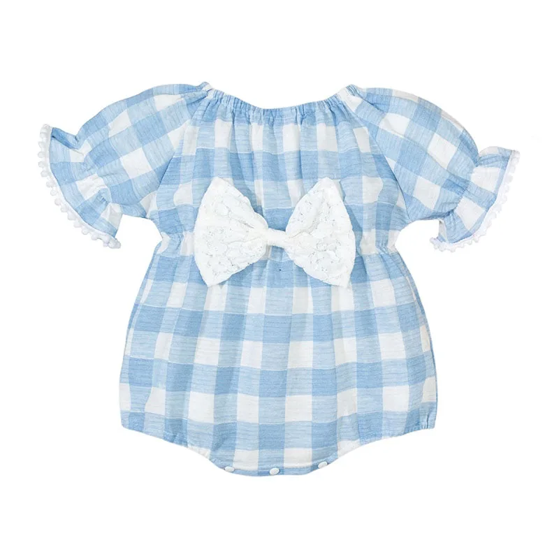 Ribbon Bow Checker Pattern Romper Short Sleeve with Pom Pom