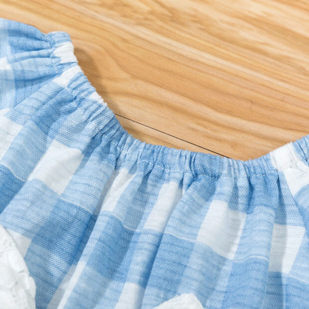 Ribbon Bow Checker Pattern Romper Short Sleeve with Pom Pom - Image 3