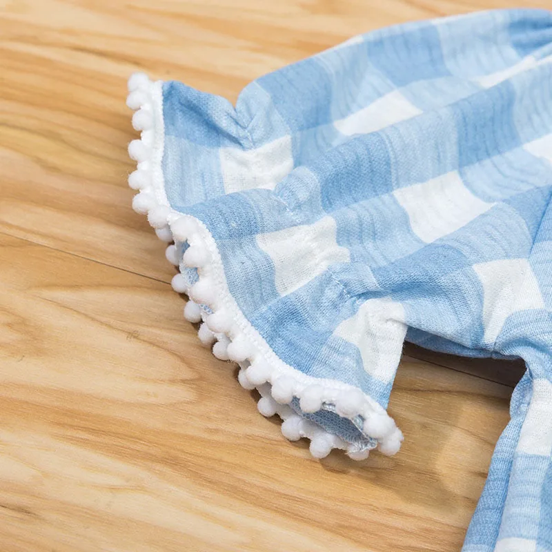 Ribbon Bow Checker Pattern Romper Short Sleeve with Pom Pom - Image 4