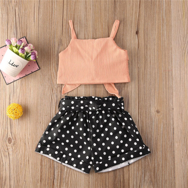 Sleeveless Ribbon Crop Top & Dotted Pattern Shorts Outfit - Image 2