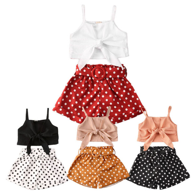 Sleeveless Ribbon Crop Top & Dotted Pattern Shorts Outfit