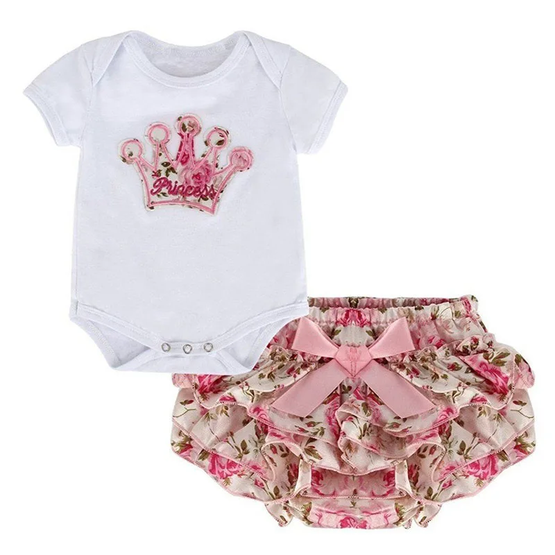 Baby Girl's Ribbon Ruffled Dress Short Sleeve Layered Floral Pattern and Bodysuit Crown Embroidery Appliqued
