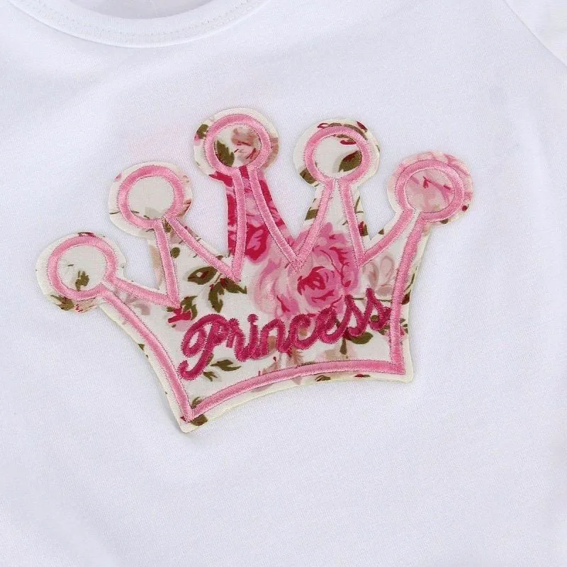 Baby Girl's Ribbon Ruffled Dress Short Sleeve Layered Floral Pattern and Bodysuit Crown Embroidery Appliqued - Image 4