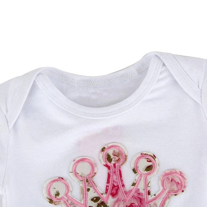 Baby Girl's Ribbon Ruffled Dress Short Sleeve Layered Floral Pattern and Bodysuit Crown Embroidery Appliqued - Image 3