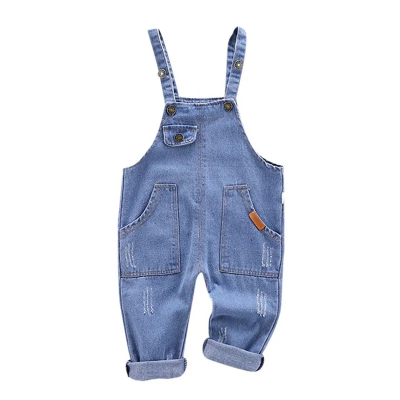 Ripped Denim Overalls with Pockets Long Sleeve