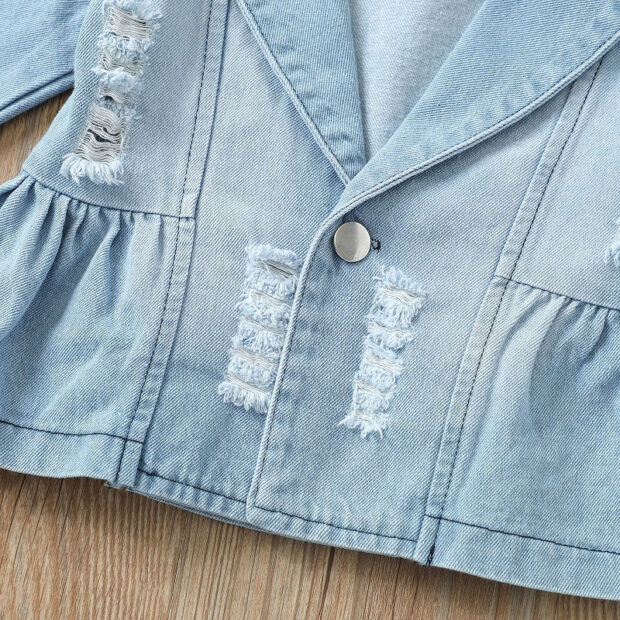 Ripped Hole Denim Jacket & Jeans with Belt Long Sleeve - Image 4