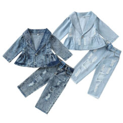 Ripped Hole Denim Jacket & Jeans with Belt Long Sleeve