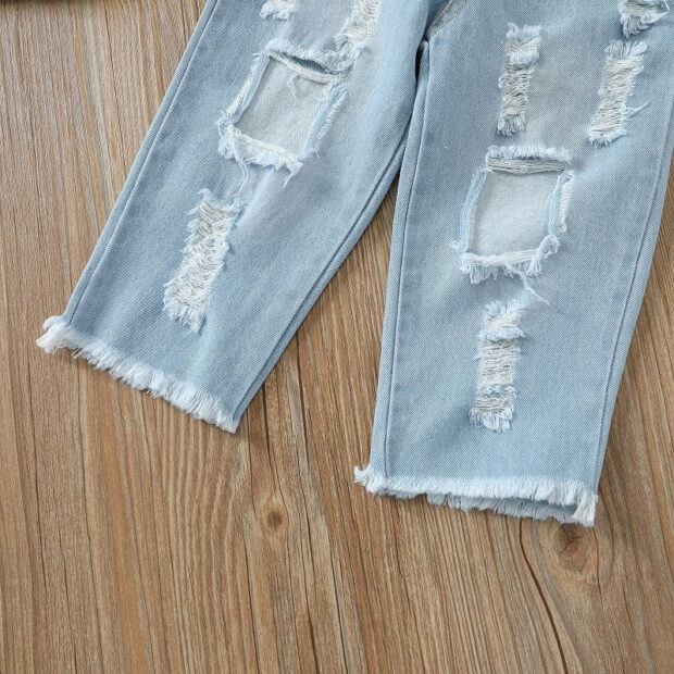 Ripped Hole Denim Jacket & Jeans with Belt Long Sleeve - Image 6