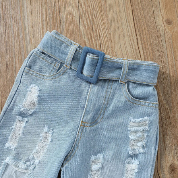 Ripped Hole Denim Jacket & Jeans with Belt Long Sleeve - Image 5