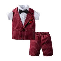 Baby Boy Rose Applique Bow Tie Wedding Outfit with Button Up Shirt, Vest & Shorts Short Sleeve