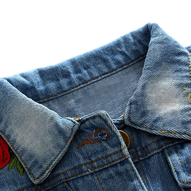 Rose Embroidery Ripped Denim Jacket Long Sleeve - Image 3