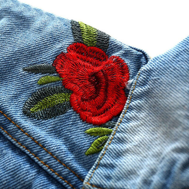 Baby Rose Embroidery Ripped Denim Jacket