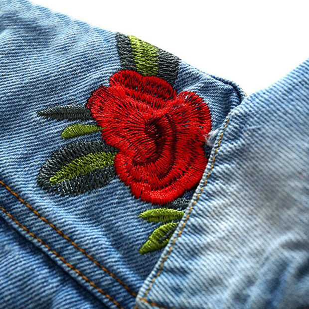 Rose Embroidery Ripped Denim Jacket Long Sleeve - Image 4