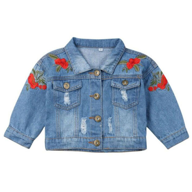 Rose Embroidery Ripped Denim Jacket Long Sleeve